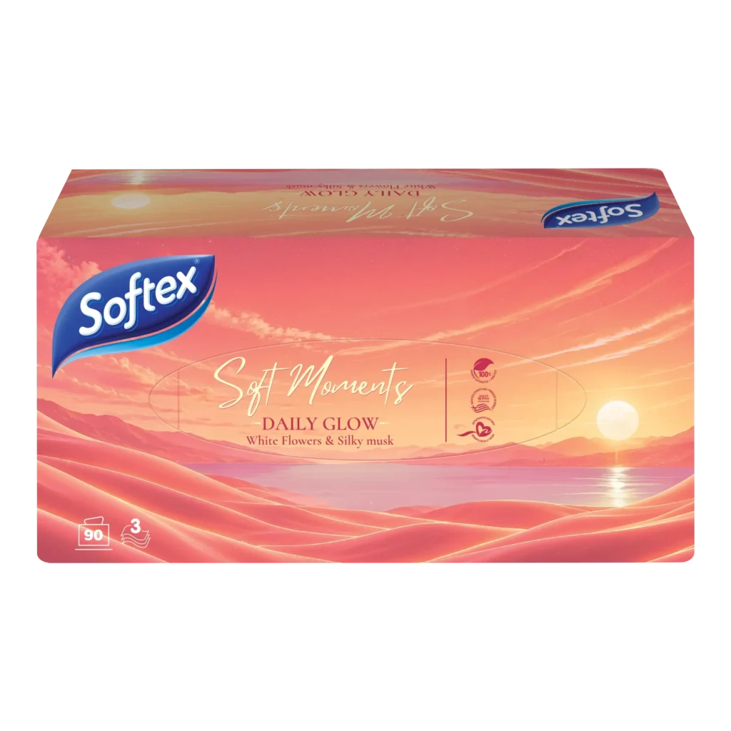 Softex Facial Soft Moments Daily Glow – χαρτομάντηλα 3 φύλλων, 90 φύλλα
